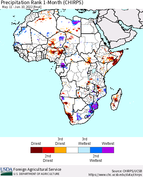 Africa Precipitation Rank since 1981, 1-Month (CHIRPS) Thematic Map For 5/11/2022 - 6/10/2022
