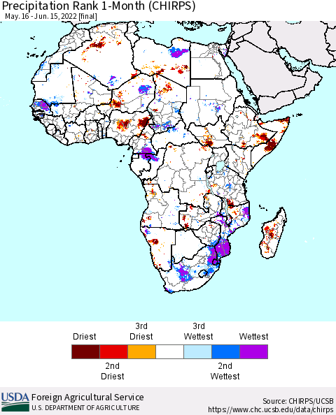 Africa Precipitation Rank 1-Month (CHIRPS) Thematic Map For 5/16/2022 - 6/15/2022