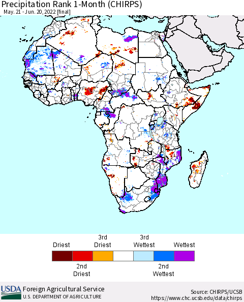 Africa Precipitation Rank 1-Month (CHIRPS) Thematic Map For 5/21/2022 - 6/20/2022