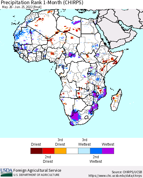 Africa Precipitation Rank 1-Month (CHIRPS) Thematic Map For 5/26/2022 - 6/25/2022