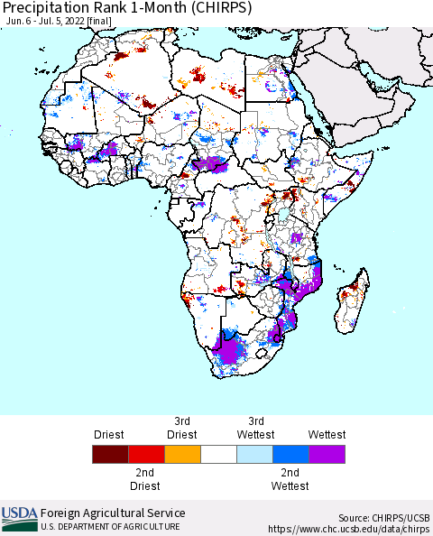 Africa Precipitation Rank 1-Month (CHIRPS) Thematic Map For 6/6/2022 - 7/5/2022