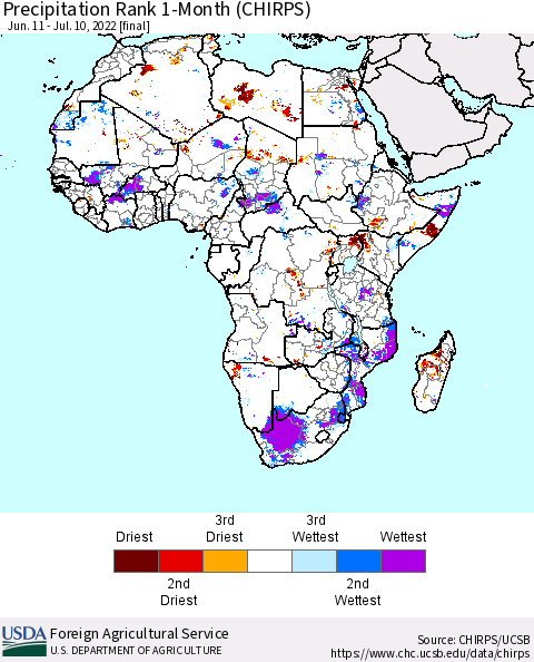 Africa Precipitation Rank since 1981, 1-Month (CHIRPS) Thematic Map For 6/11/2022 - 7/10/2022