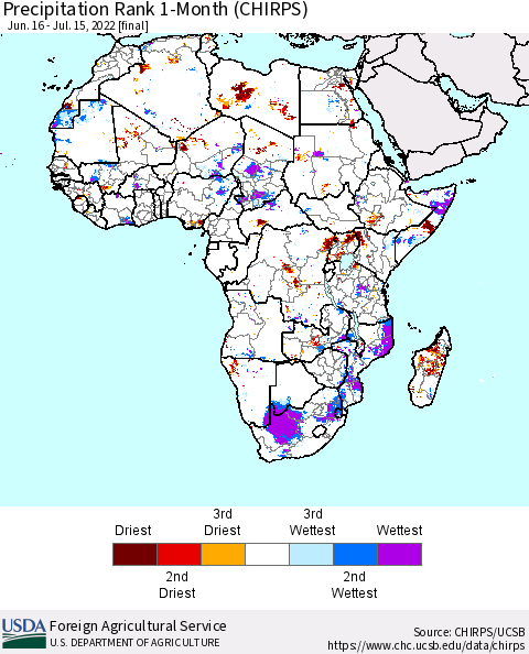 Africa Precipitation Rank 1-Month (CHIRPS) Thematic Map For 6/16/2022 - 7/15/2022