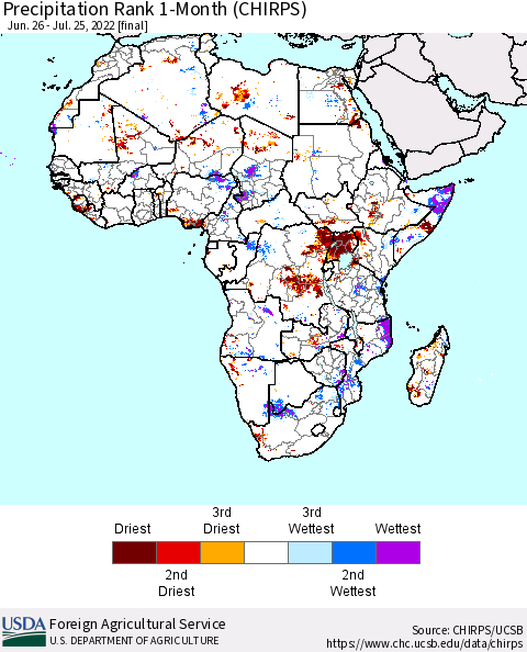 Africa Precipitation Rank 1-Month (CHIRPS) Thematic Map For 6/26/2022 - 7/25/2022