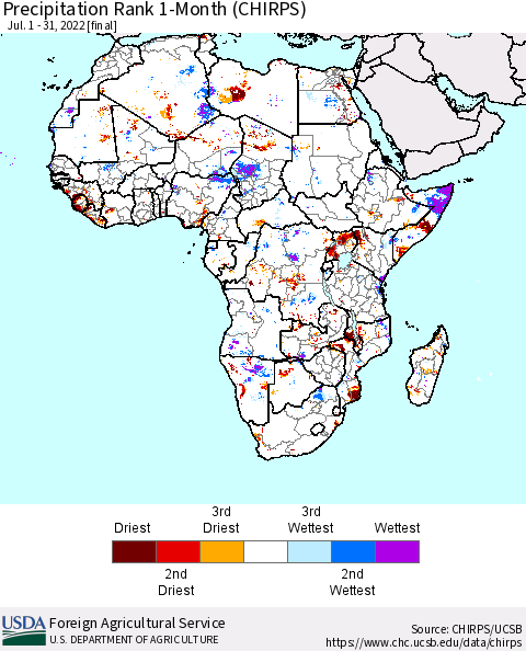 Africa Precipitation Rank since 1981, 1-Month (CHIRPS) Thematic Map For 7/1/2022 - 7/31/2022