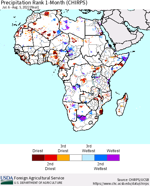 Africa Precipitation Rank 1-Month (CHIRPS) Thematic Map For 7/6/2022 - 8/5/2022