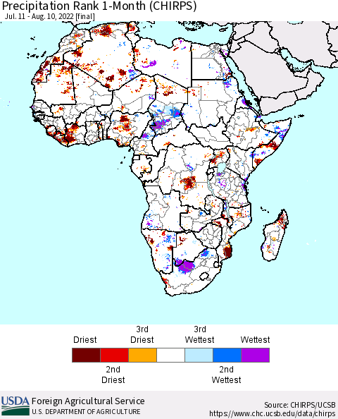 Africa Precipitation Rank 1-Month (CHIRPS) Thematic Map For 7/11/2022 - 8/10/2022