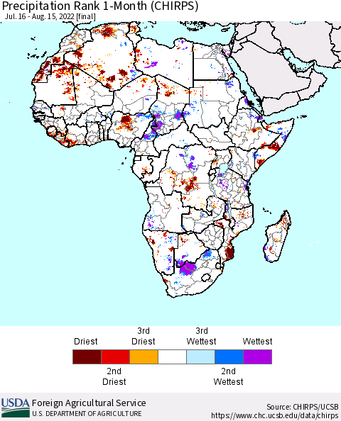 Africa Precipitation Rank 1-Month (CHIRPS) Thematic Map For 7/16/2022 - 8/15/2022