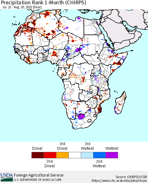 Africa Precipitation Rank 1-Month (CHIRPS) Thematic Map For 7/21/2022 - 8/20/2022