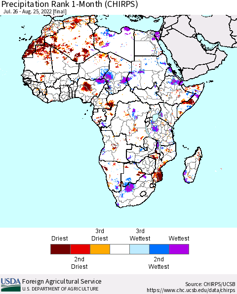 Africa Precipitation Rank 1-Month (CHIRPS) Thematic Map For 7/26/2022 - 8/25/2022