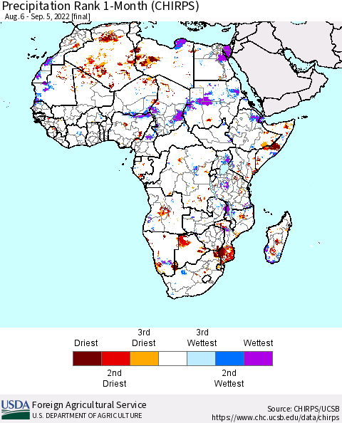 Africa Precipitation Rank 1-Month (CHIRPS) Thematic Map For 8/6/2022 - 9/5/2022