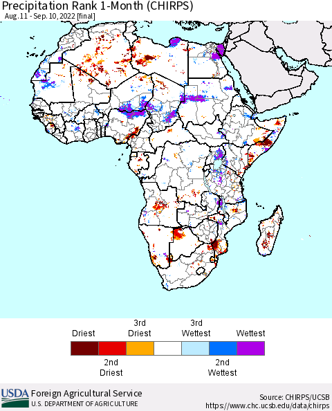 Africa Precipitation Rank 1-Month (CHIRPS) Thematic Map For 8/11/2022 - 9/10/2022