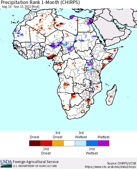 Africa Precipitation Rank 1-Month (CHIRPS) Thematic Map For 8/16/2022 - 9/15/2022