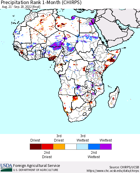 Africa Precipitation Rank 1-Month (CHIRPS) Thematic Map For 8/21/2022 - 9/20/2022