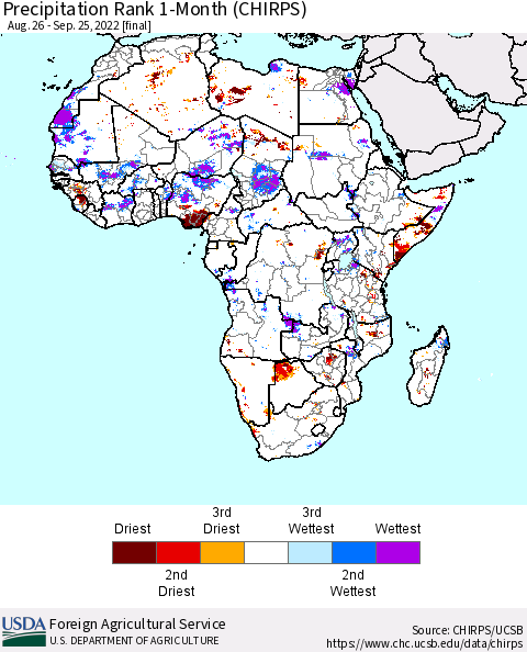 Africa Precipitation Rank since 1981, 1-Month (CHIRPS) Thematic Map For 8/26/2022 - 9/25/2022