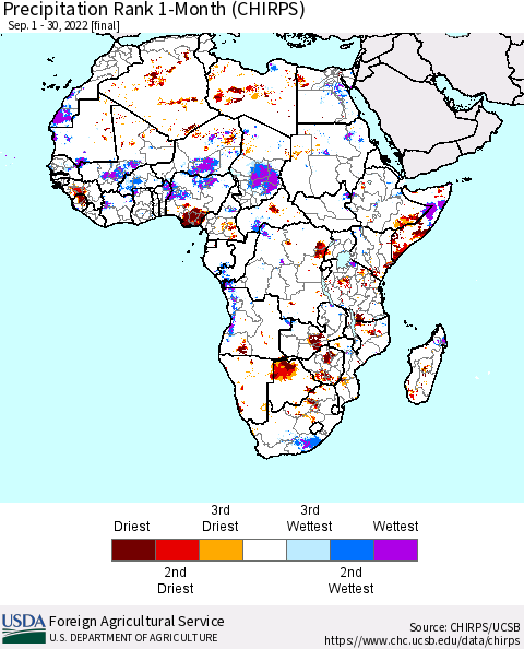 Africa Precipitation Rank since 1981, 1-Month (CHIRPS) Thematic Map For 9/1/2022 - 9/30/2022