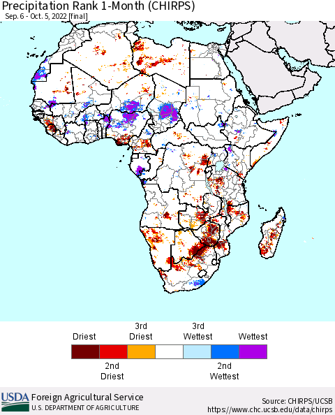 Africa Precipitation Rank 1-Month (CHIRPS) Thematic Map For 9/6/2022 - 10/5/2022