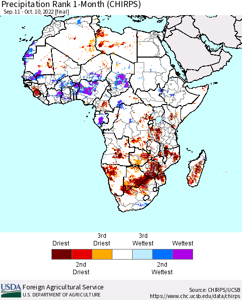 Africa Precipitation Rank 1-Month (CHIRPS) Thematic Map For 9/11/2022 - 10/10/2022