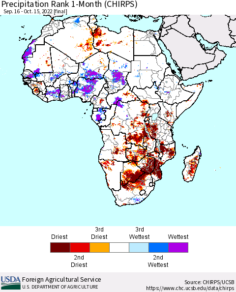 Africa Precipitation Rank 1-Month (CHIRPS) Thematic Map For 9/16/2022 - 10/15/2022
