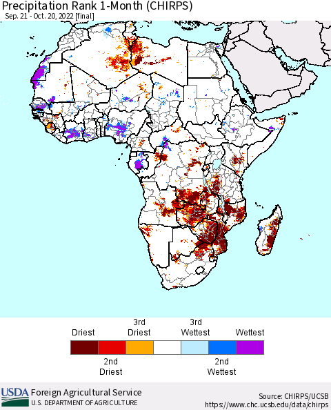 Africa Precipitation Rank since 1981, 1-Month (CHIRPS) Thematic Map For 9/21/2022 - 10/20/2022