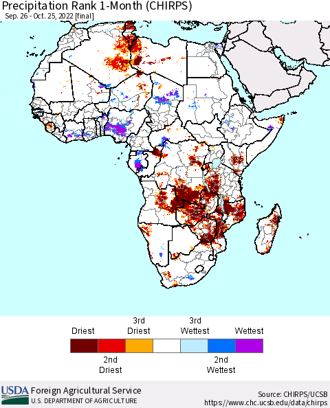 Africa Precipitation Rank 1-Month (CHIRPS) Thematic Map For 9/26/2022 - 10/25/2022