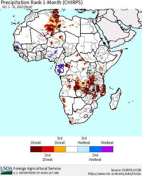 Africa Precipitation Rank 1-Month (CHIRPS) Thematic Map For 10/1/2022 - 10/31/2022