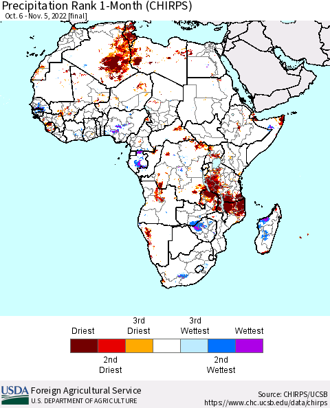 Africa Precipitation Rank since 1981, 1-Month (CHIRPS) Thematic Map For 10/6/2022 - 11/5/2022