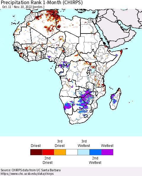 Africa Precipitation Rank 1-Month (CHIRPS) Thematic Map For 10/11/2022 - 11/10/2022