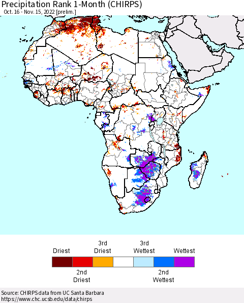 Africa Precipitation Rank 1-Month (CHIRPS) Thematic Map For 10/16/2022 - 11/15/2022