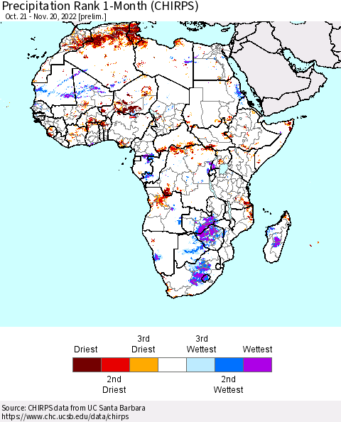 Africa Precipitation Rank 1-Month (CHIRPS) Thematic Map For 10/21/2022 - 11/20/2022