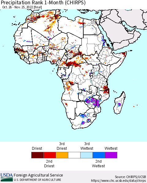 Africa Precipitation Rank 1-Month (CHIRPS) Thematic Map For 10/26/2022 - 11/25/2022