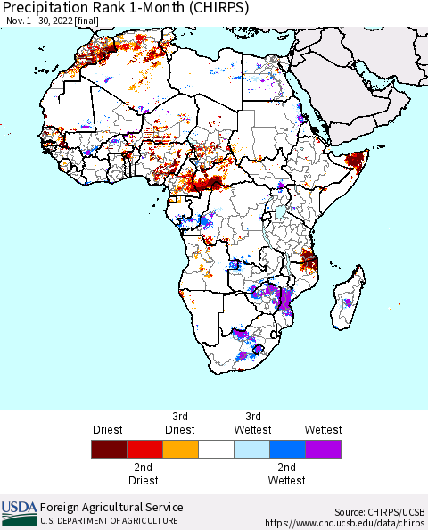 Africa Precipitation Rank 1-Month (CHIRPS) Thematic Map For 11/1/2022 - 11/30/2022