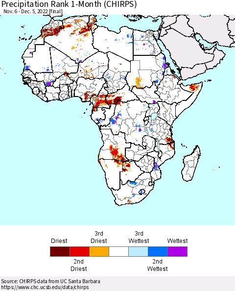 Africa Precipitation Rank 1-Month (CHIRPS) Thematic Map For 11/6/2022 - 12/5/2022