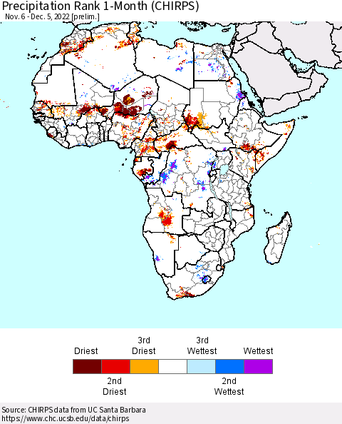 Africa Precipitation Rank 1-Month (CHIRPS) Thematic Map For 11/6/2022 - 12/5/2022
