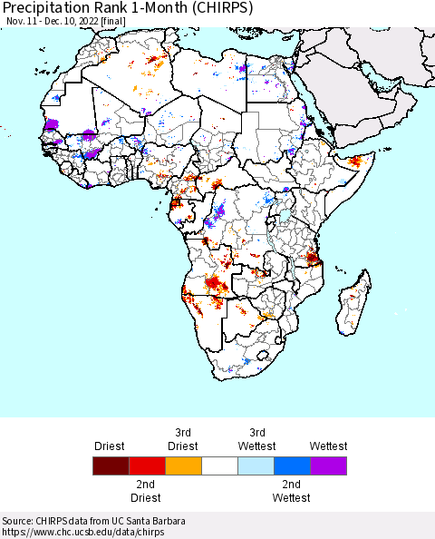 Africa Precipitation Rank 1-Month (CHIRPS) Thematic Map For 11/11/2022 - 12/10/2022