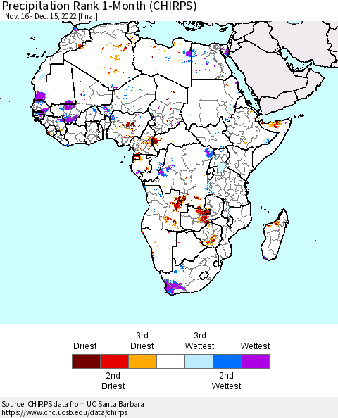 Africa Precipitation Rank since 1981, 1-Month (CHIRPS) Thematic Map For 11/16/2022 - 12/15/2022