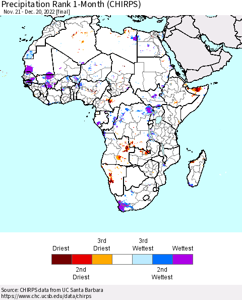 Africa Precipitation Rank 1-Month (CHIRPS) Thematic Map For 11/21/2022 - 12/20/2022