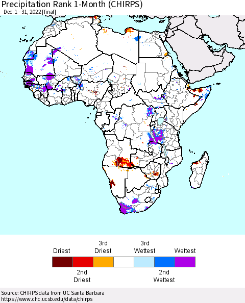 Africa Precipitation Rank 1-Month (CHIRPS) Thematic Map For 12/1/2022 - 12/31/2022