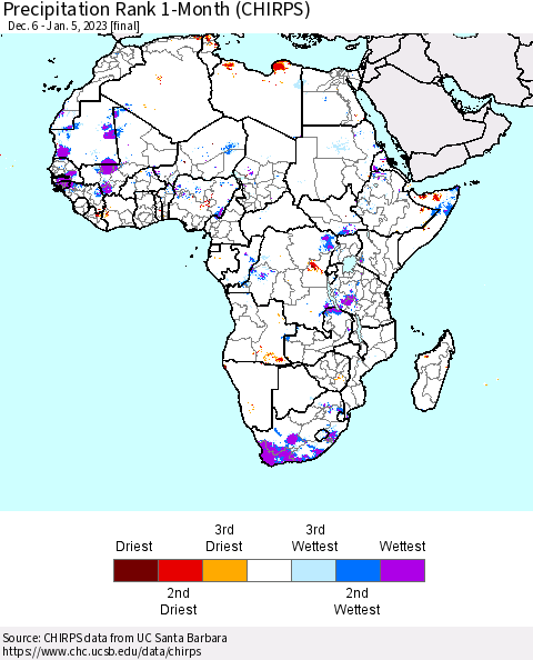 Africa Precipitation Rank since 1981, 1-Month (CHIRPS) Thematic Map For 12/6/2022 - 1/5/2023