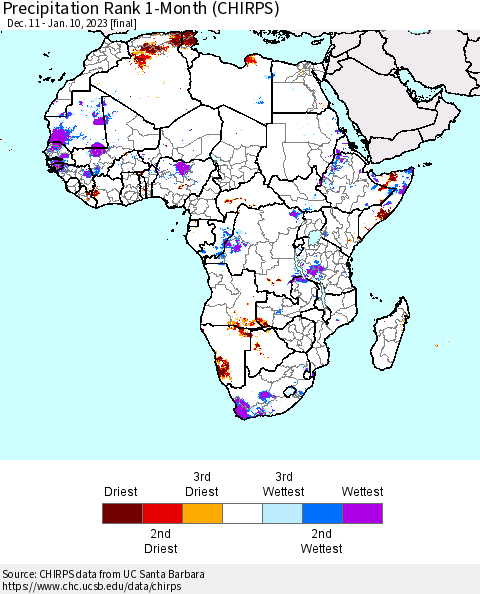 Africa Precipitation Rank since 1981, 1-Month (CHIRPS) Thematic Map For 12/11/2022 - 1/10/2023