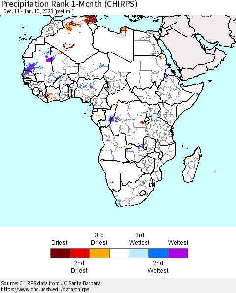 Africa Precipitation Rank 1-Month (CHIRPS) Thematic Map For 12/11/2022 - 1/10/2023