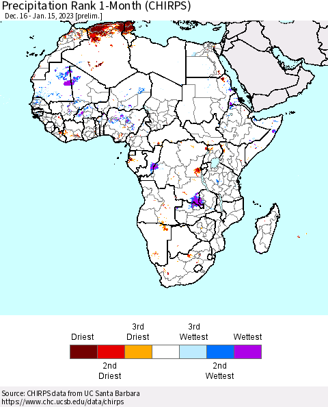 Africa Precipitation Rank 1-Month (CHIRPS) Thematic Map For 12/16/2022 - 1/15/2023