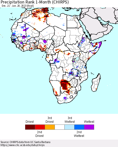 Africa Precipitation Rank 1-Month (CHIRPS) Thematic Map For 12/21/2022 - 1/20/2023