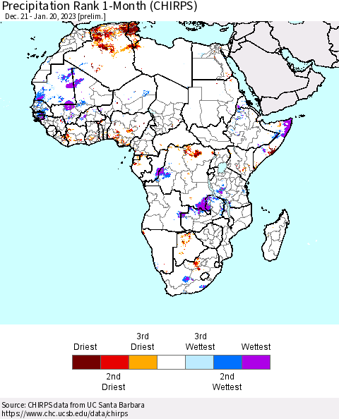 Africa Precipitation Rank 1-Month (CHIRPS) Thematic Map For 12/21/2022 - 1/20/2023
