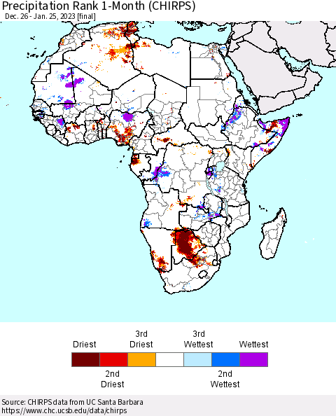 Africa Precipitation Rank 1-Month (CHIRPS) Thematic Map For 12/26/2022 - 1/25/2023