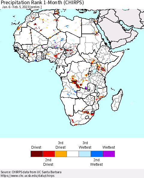 Africa Precipitation Rank 1-Month (CHIRPS) Thematic Map For 1/6/2023 - 2/5/2023