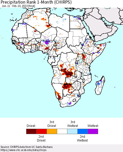 Africa Precipitation Rank 1-Month (CHIRPS) Thematic Map For 1/11/2023 - 2/10/2023
