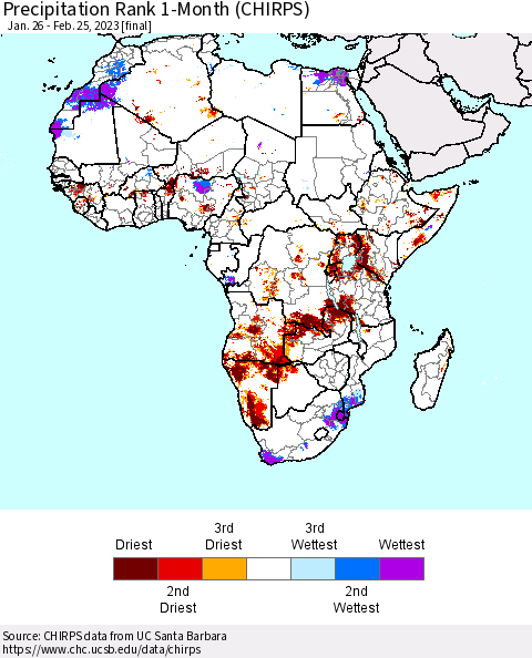 Africa Precipitation Rank 1-Month (CHIRPS) Thematic Map For 1/26/2023 - 2/25/2023