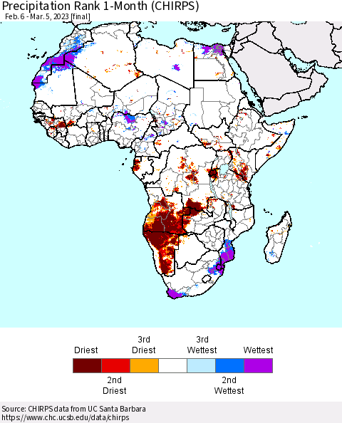 Africa Precipitation Rank since 1981, 1-Month (CHIRPS) Thematic Map For 2/6/2023 - 3/5/2023