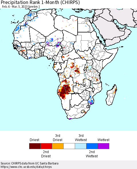 Africa Precipitation Rank 1-Month (CHIRPS) Thematic Map For 2/6/2023 - 3/5/2023